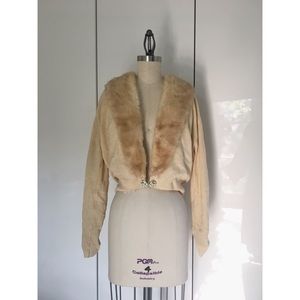 50s Cashmere Sweater with Faux Fur Collar + Pearls